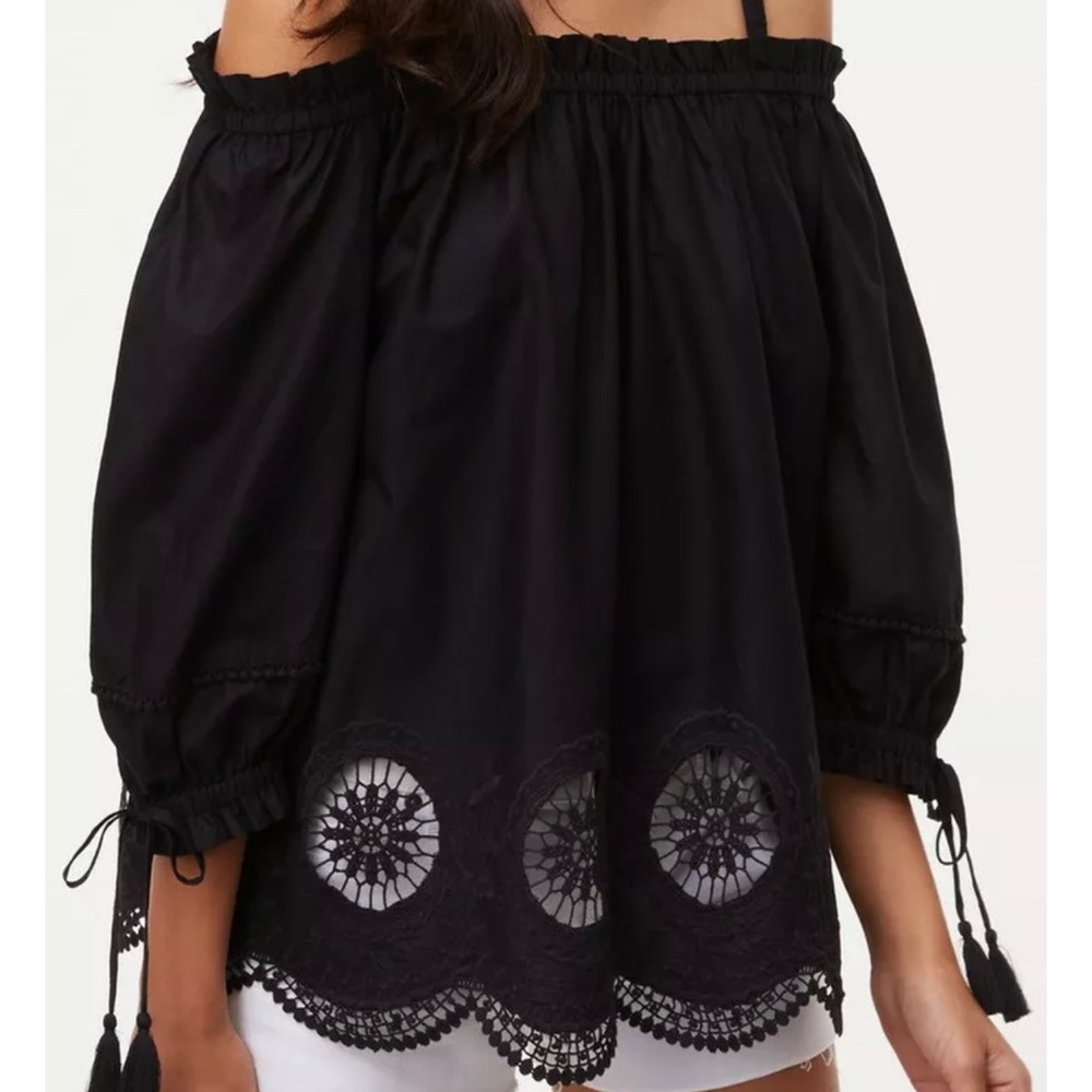 Ann Taylor LOFT Black Cotton Embroidered Off-the-Shoulder Blouse Size S